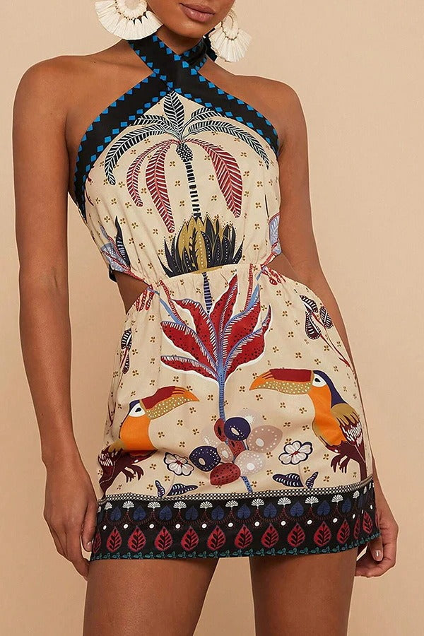Halter Tropical Palm Toucan Print Side Cut Out Mini Dress