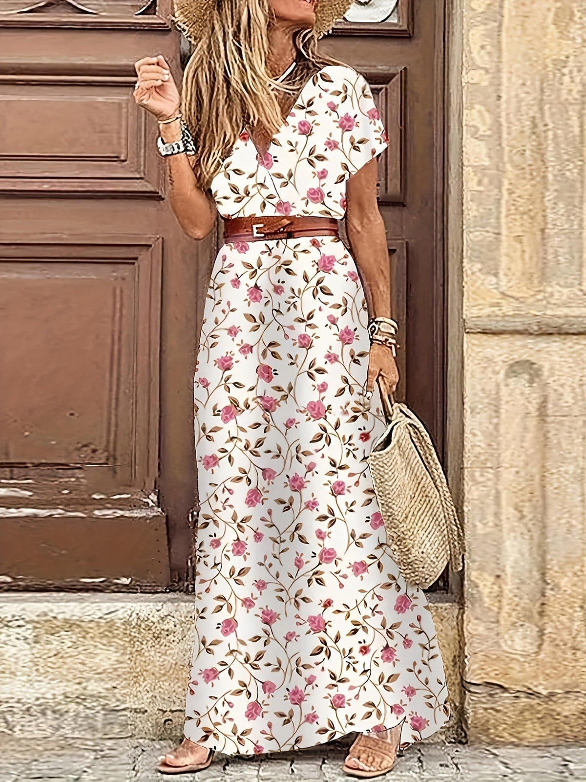 Paisley Print V-Neck Short Sleeve Belted Side Slit Maxi Dress 9