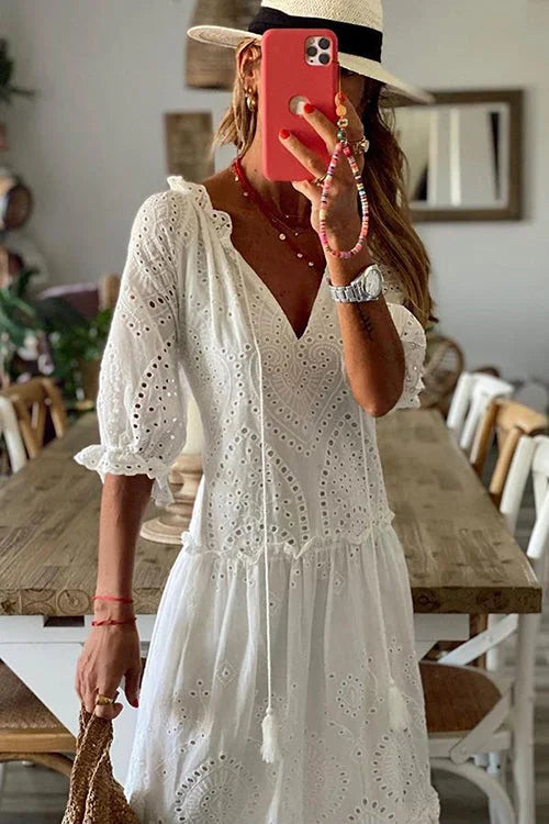 Deep V-Neck Puff Sleeve Tiered Eyelet Lace Scalloped Hem Maxi Dress 3
