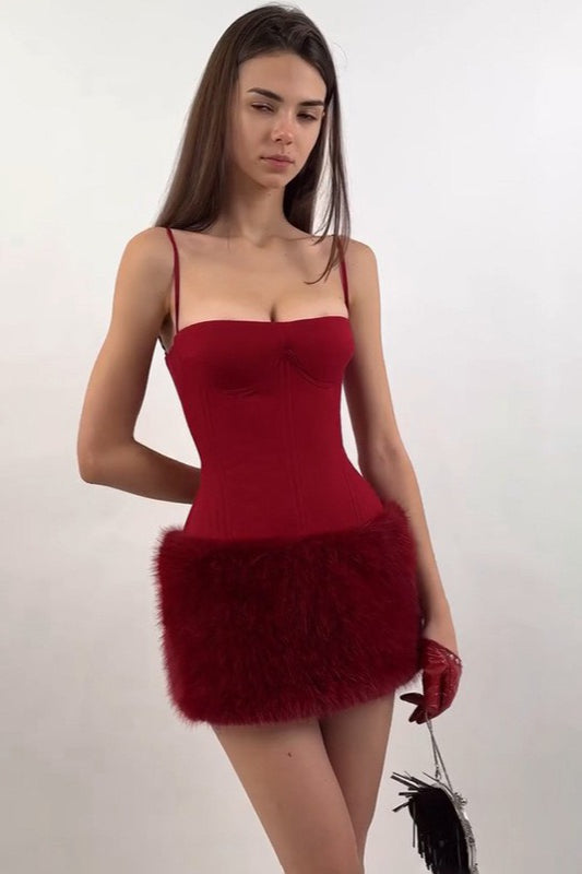 Spaghetti Strap Corset Bustier Faux Fur Trim Bodycon Mini Dress 2