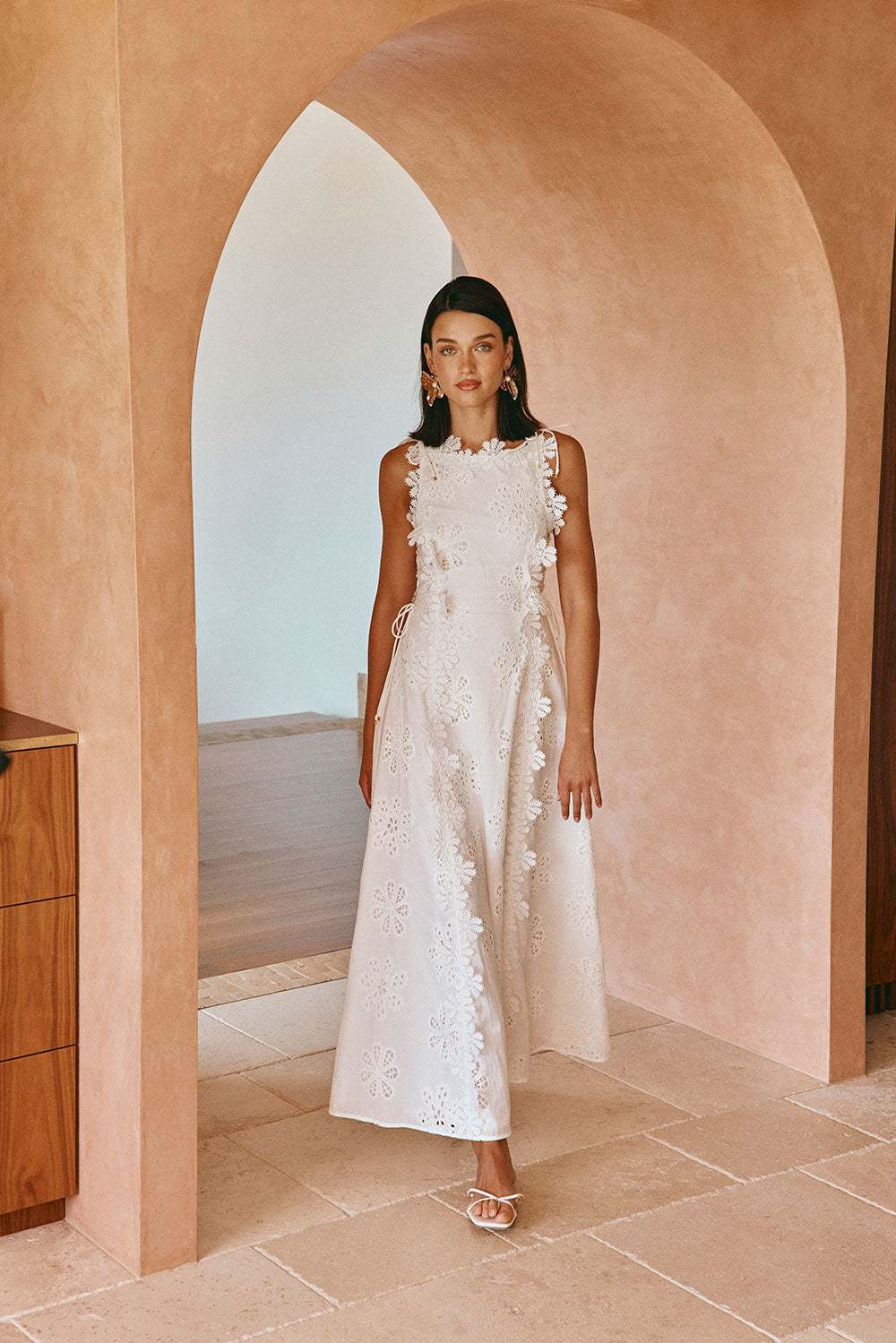 Floral Eyelet Embroidery Scalloped Lace Trim Tie Waist Maxi Dress