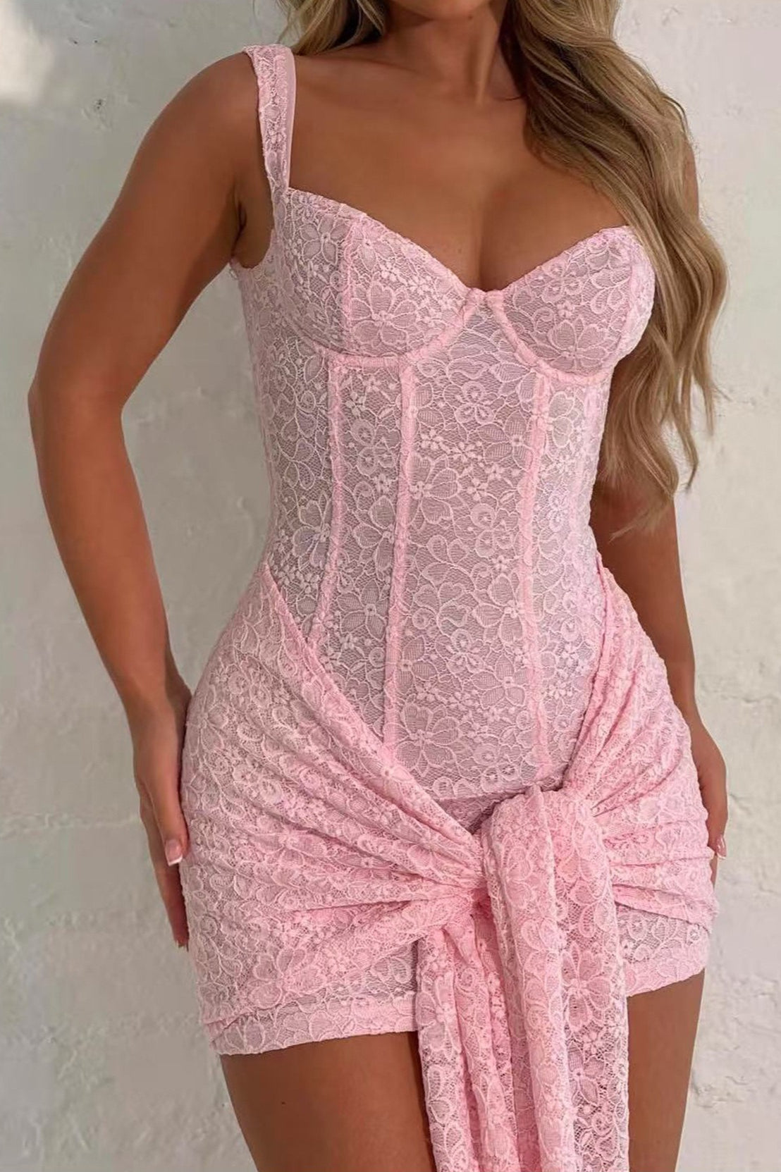 Lace Corset Sweetheart Wide Strap Waist Tie Wrap Mini Dress 3