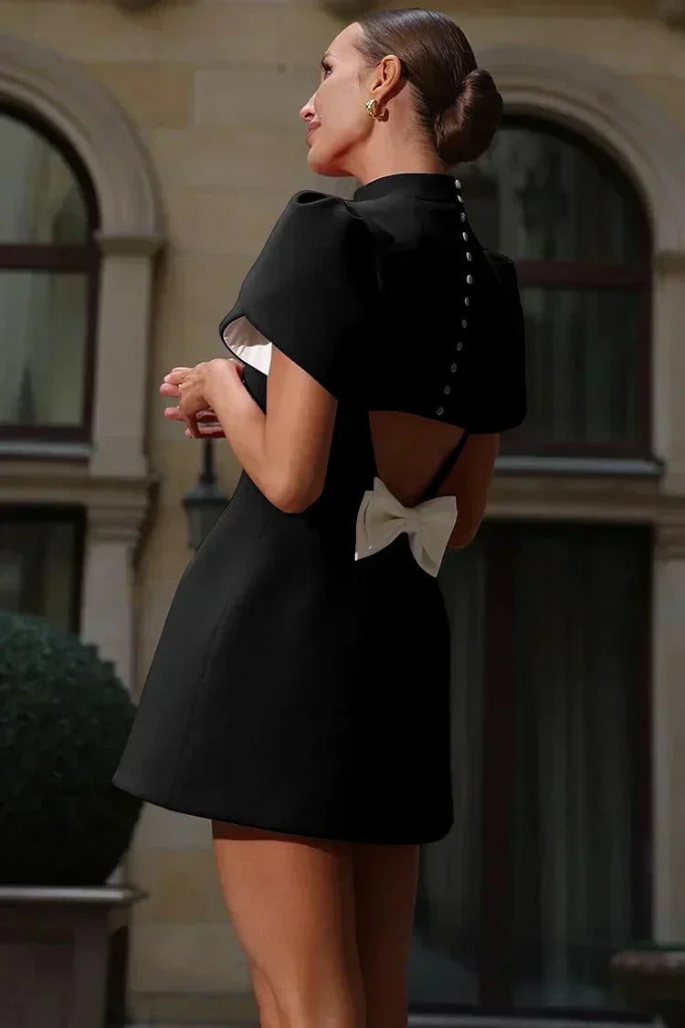 Mock Neck Origami Fold Puff Sleeve Princess Seam Fit and Flare Mini Dress 11