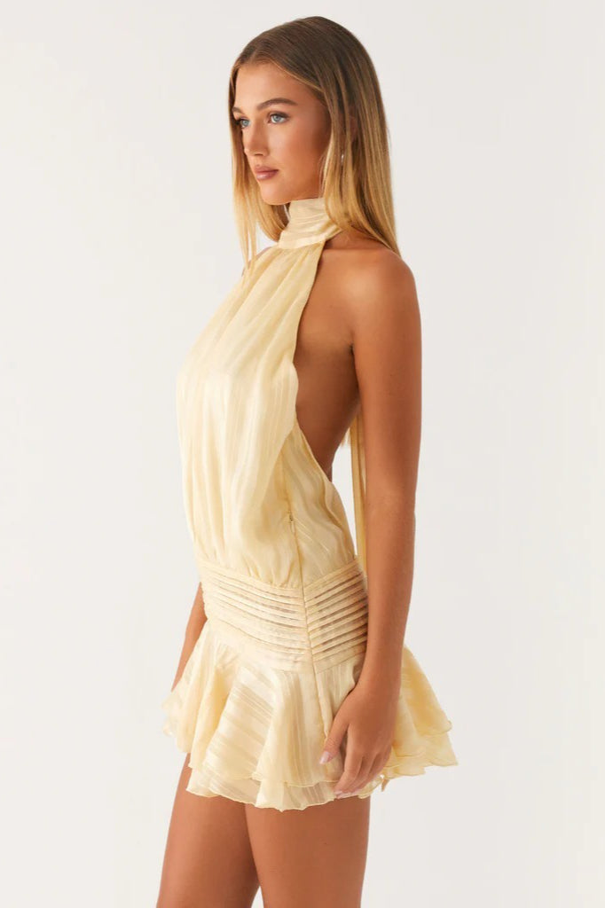 Jacquard Stripe Halter Neck Smocked Waist Tiered Ruffle Mini Dress 6
