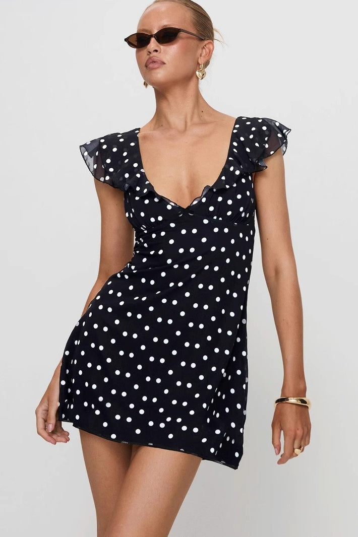 Polka Dot V-Neck Ruffle Trim Flutter Sleeve Fit and Flare Mini Dress