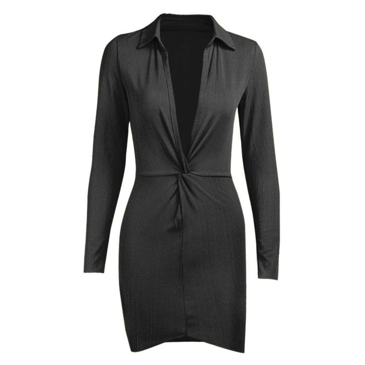 Plunging V-Neck Collar Twist Waist Ribbed Long Sleeve Mini Dress 9