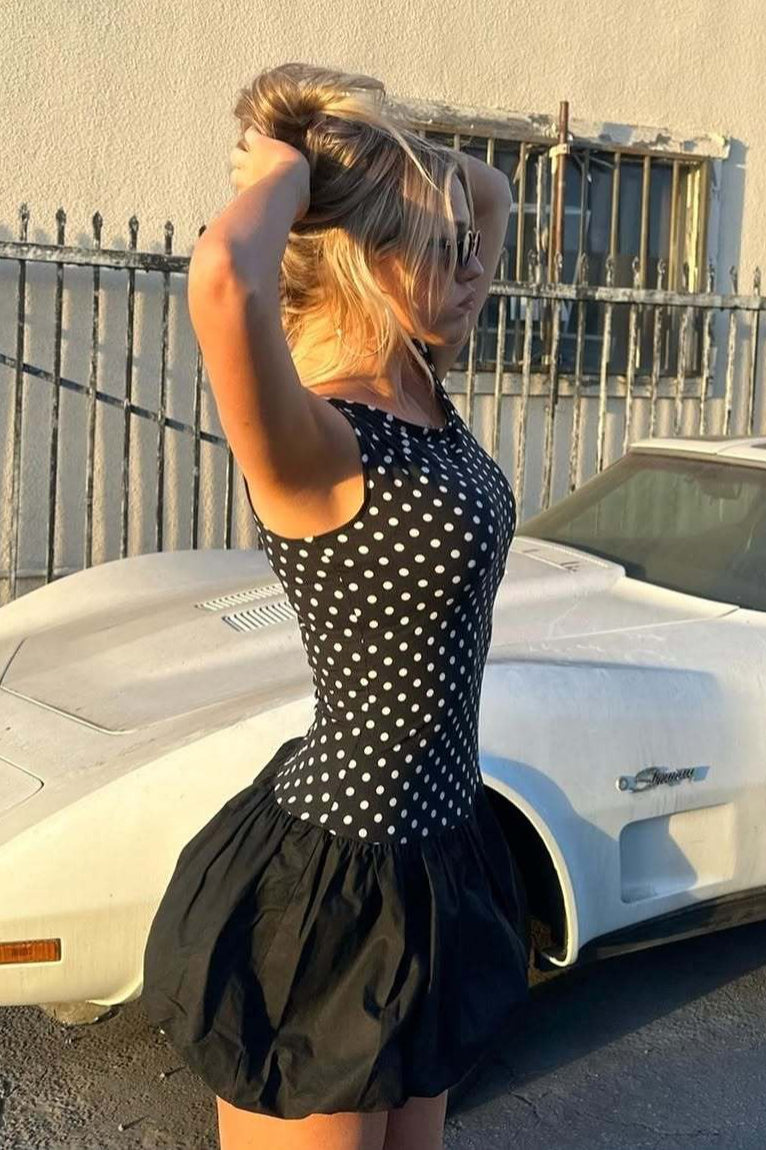 Polka Dot Boat Neck Sleeveless Bubble Hem Drop Waist Mini Dress 3