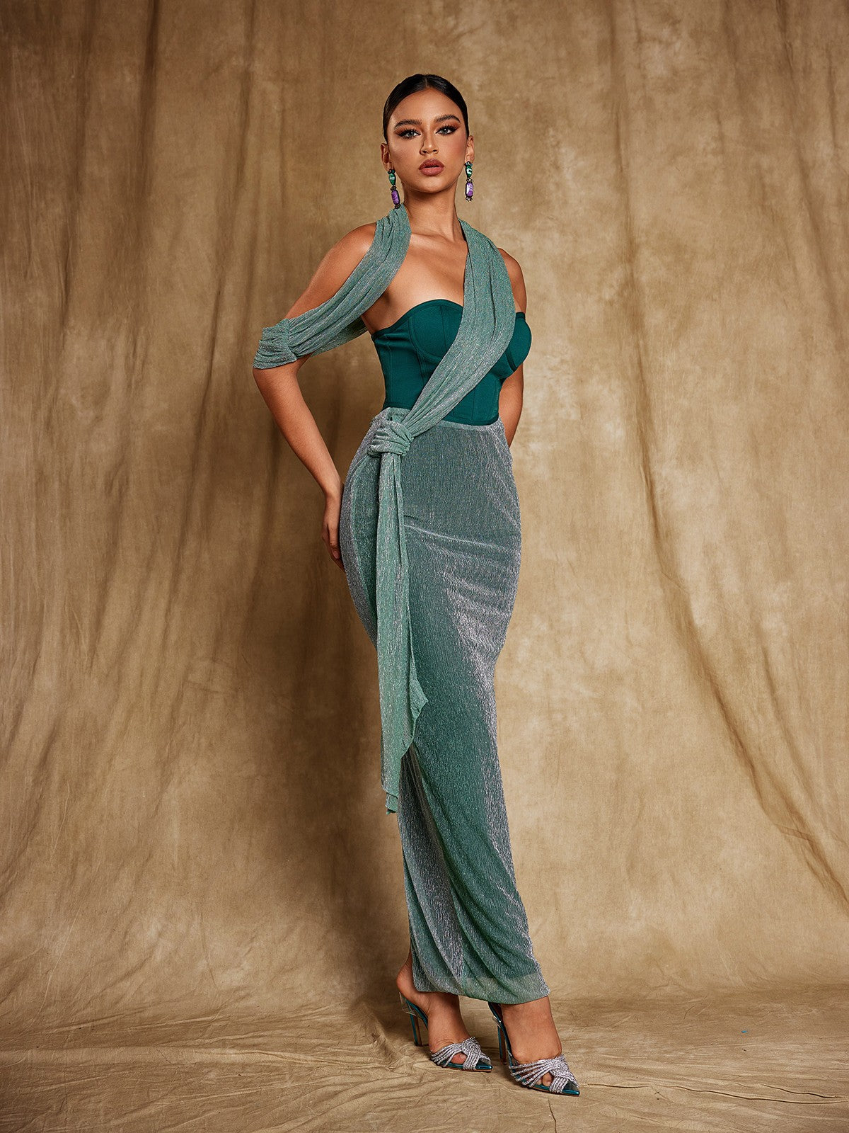 Sweetheart Neck Corset Asymmetric Draped Knot Waist Crinkle Texture Maxi Dress 2