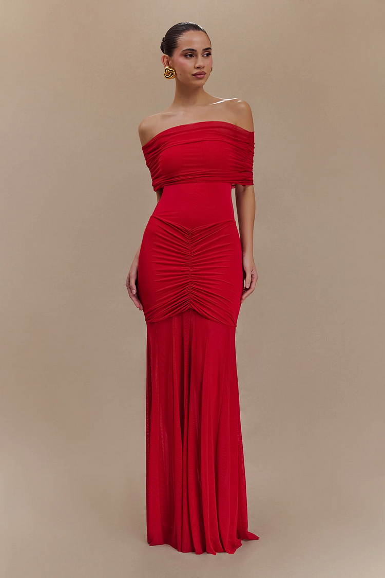 Off Shoulder Pleated Column Maxi Gown