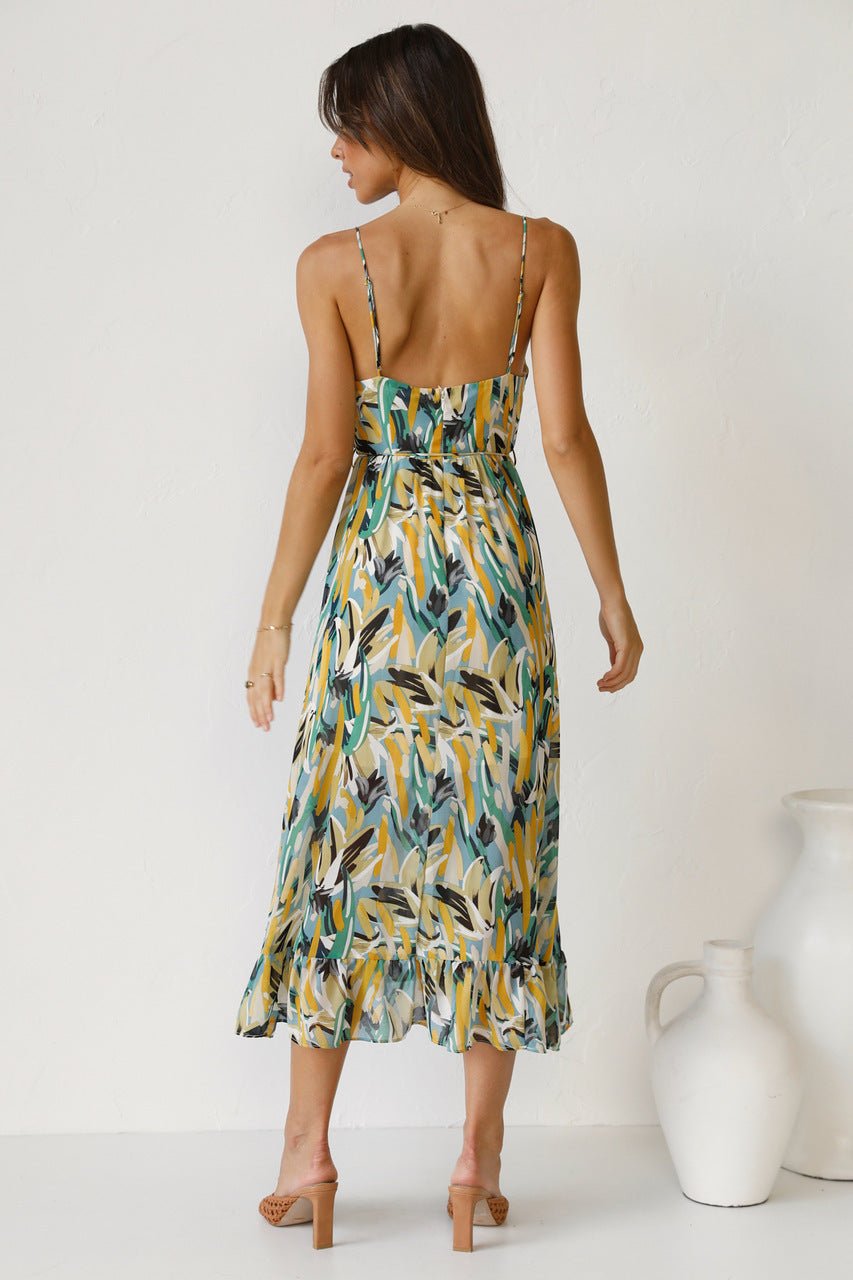 Abstract Brushstroke Print Spaghetti Strap Tie-Waist Tiered Ruffle Midi Dress 8
