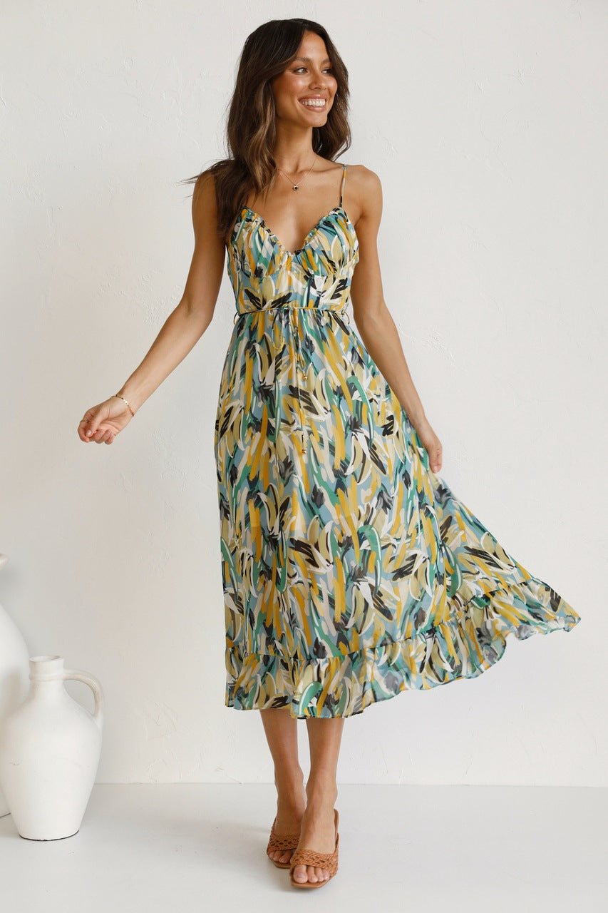 Abstract Brushstroke Print Spaghetti Strap Tie-Waist Tiered Ruffle Midi Dress 9