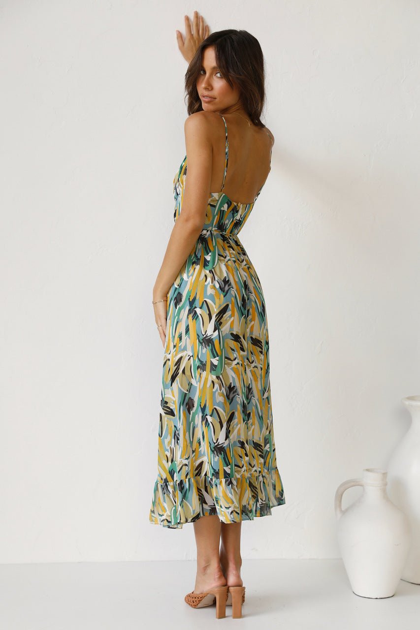 Abstract Brushstroke Print Spaghetti Strap Tie-Waist Tiered Ruffle Midi Dress 6