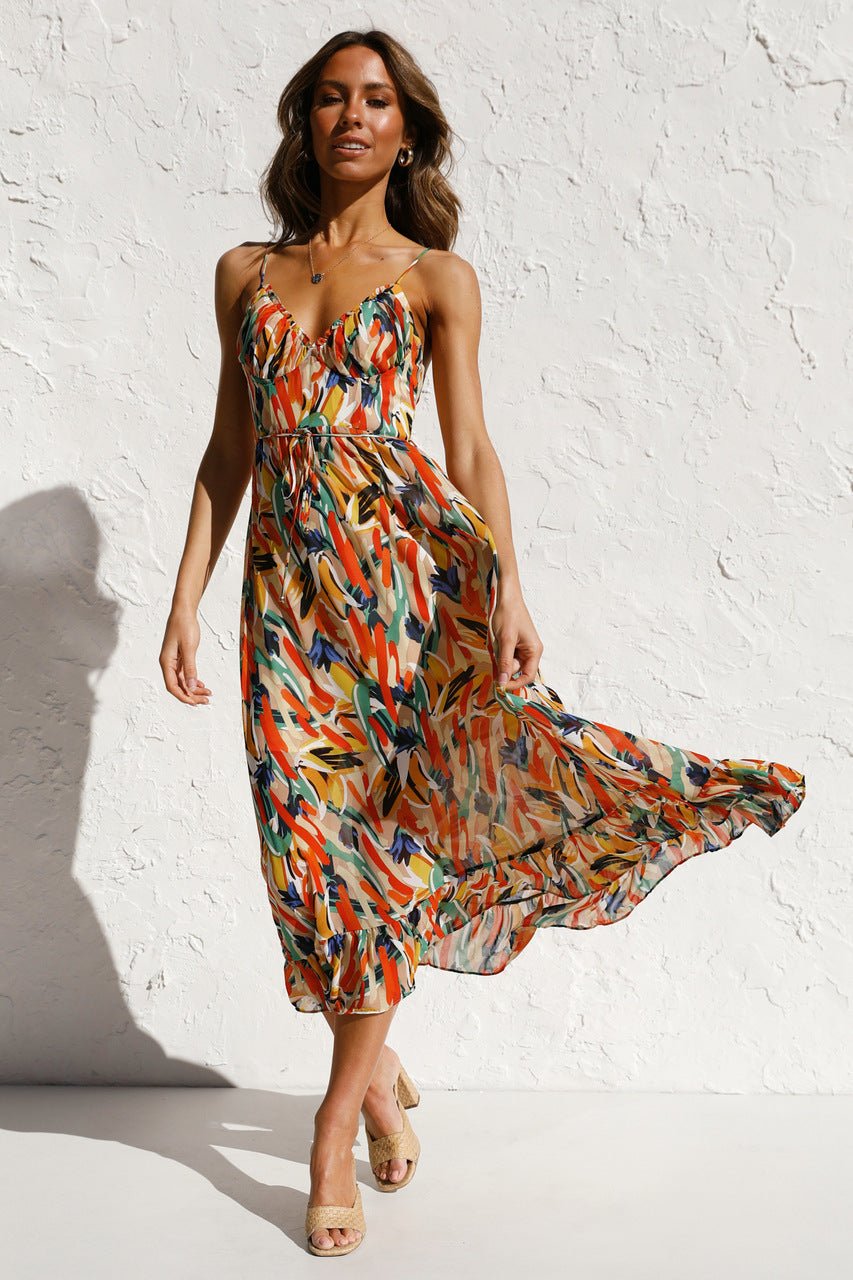 Abstract Brushstroke Print Spaghetti Strap Tie-Waist Tiered Ruffle Midi Dress 10