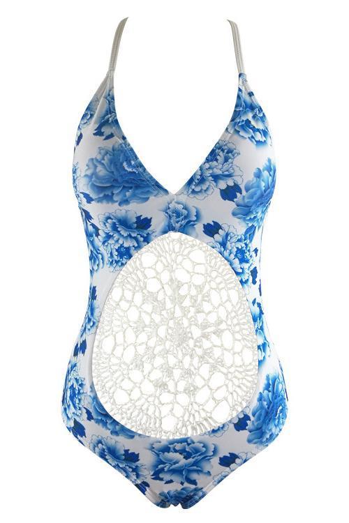 White Blue Floral Print Crochet Backless Sexy One Piece Swimsuit