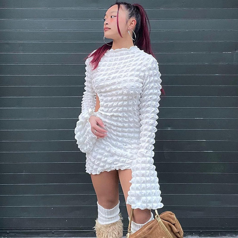 Popcorn Texture Mock Neck Long Sleeve Side Cutout Flared Cuff Mini Dress