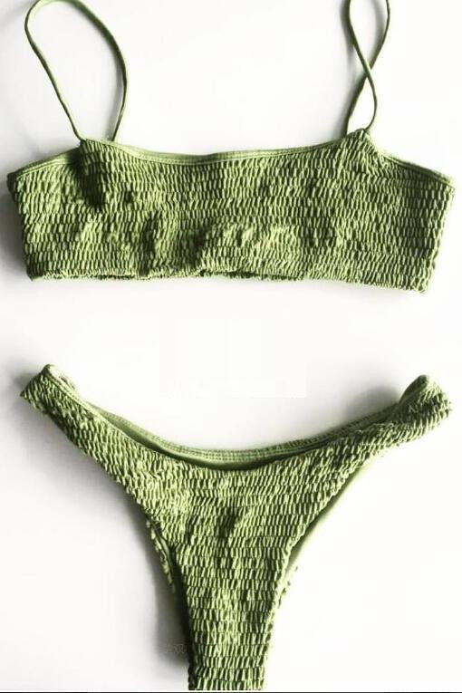Army Green Smocked High Cut Cheeky Thong Sexy Bikini Bathing Suit