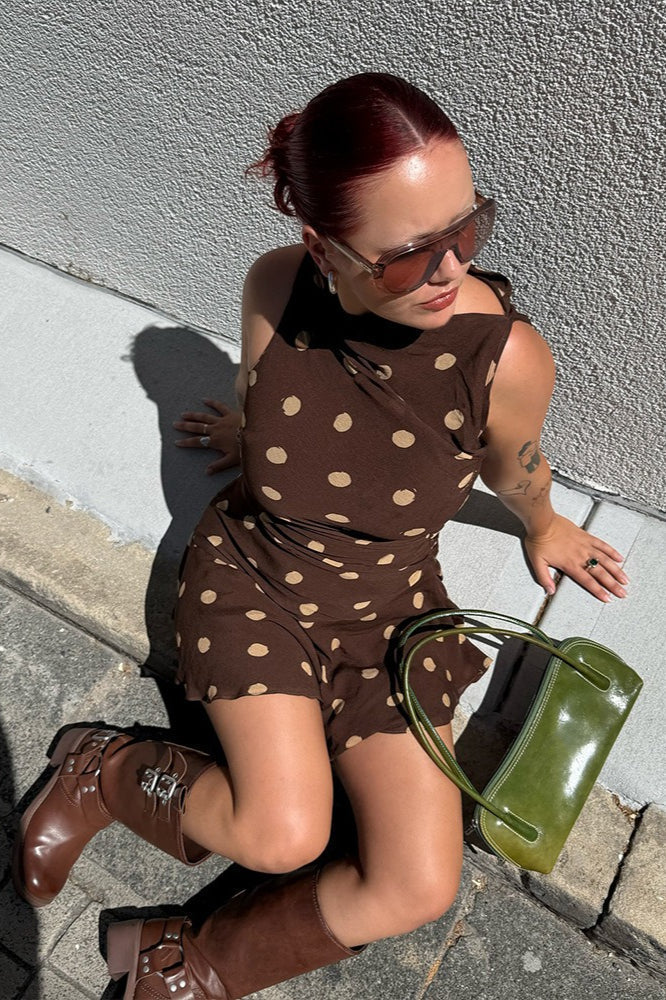 Mock Neck Sleeveless Polka Dot Gathered Bodycon Mini Dress