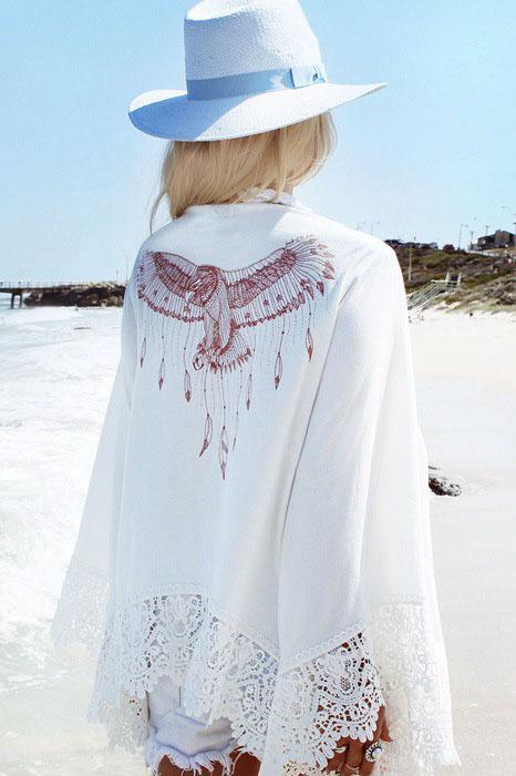 White Eagle Print Crochet Cardigan Boho Beach Cover Up Chiffon Kimono