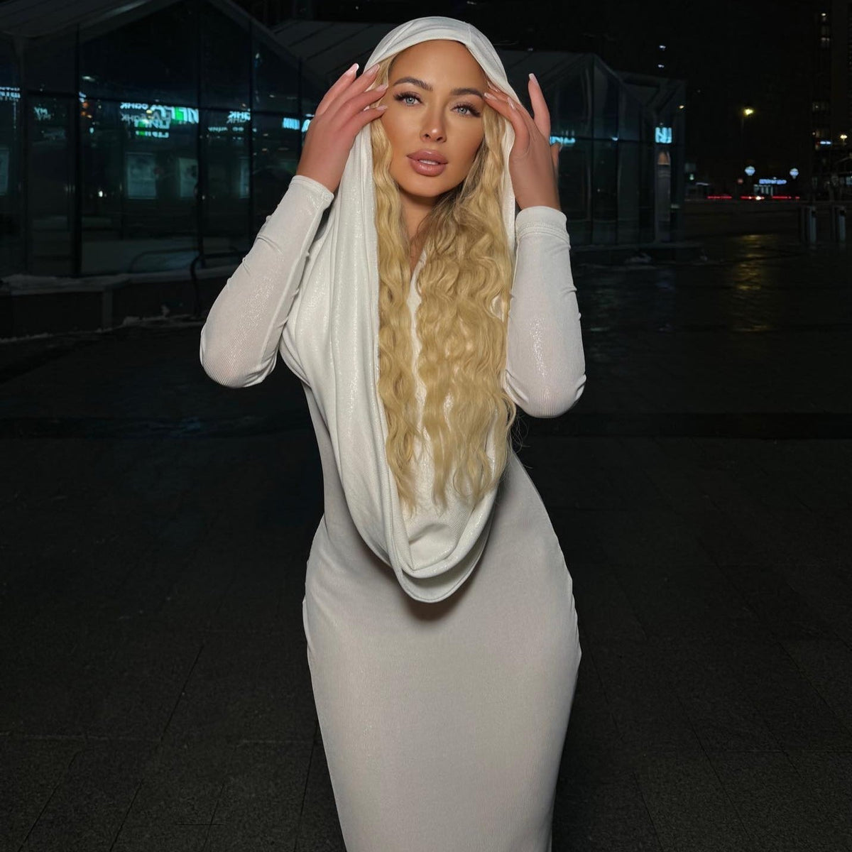 Hooded Long Sleeve Cutout Waist Rib Knit Maxi Dress 7