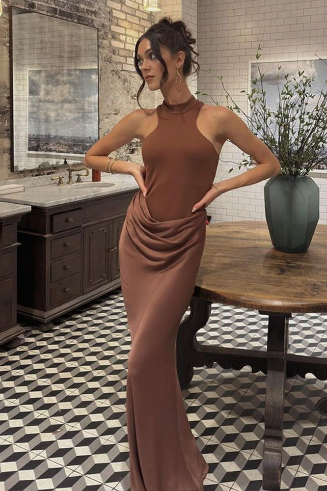 Mock Neck Hip Cutout Draped Wrap Column Maxi Dress 6