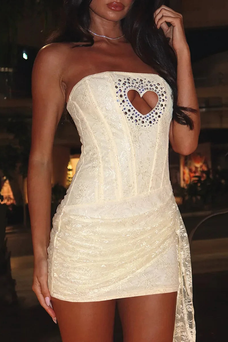 Lace Heart Cutout Rhinestone Trim Strapless Corset Mini Dress 2