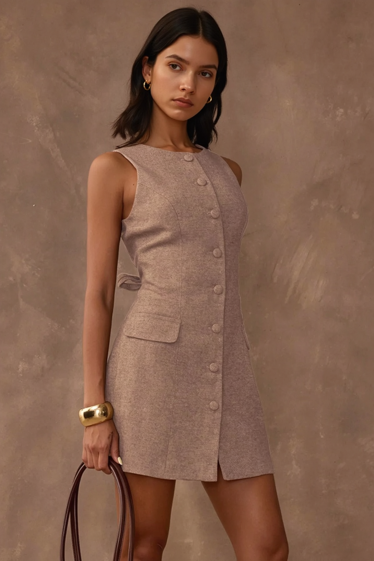 Round Neck Button Front Flap Pocket Back Tie Belted Mini Dress