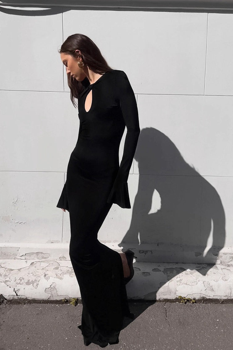 Mock Neck Keyhole Cutout Long Sleeve Flared Cuff Bodycon Maxi Dress 2