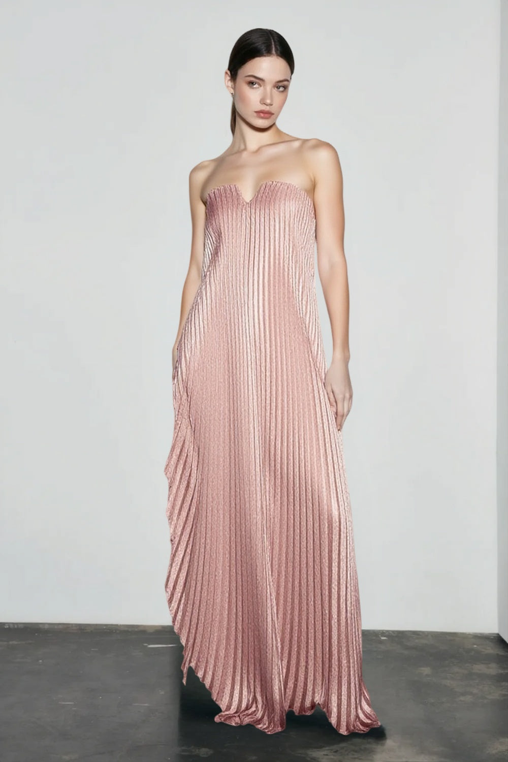 Strapless Notched Bust Metallic Plisse Handkerchief Hem Floor Length Gown
