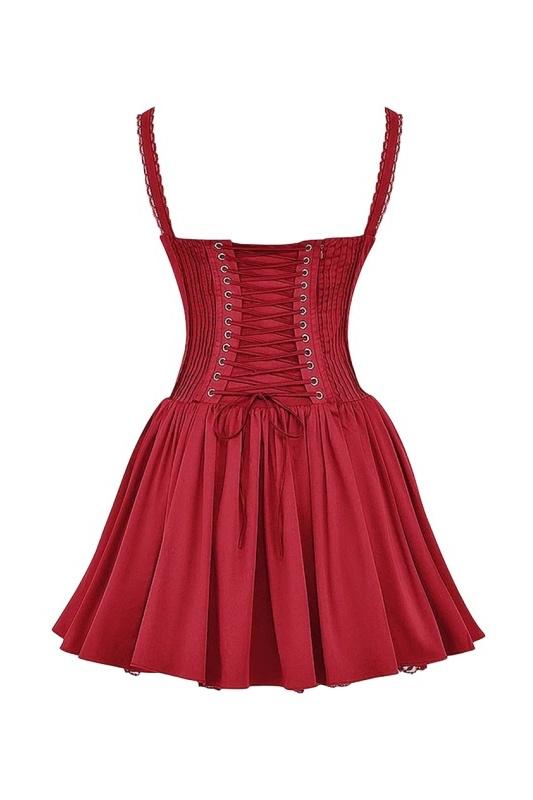 Lace Trim Sweetheart Ruched Bust Corset Bodice Pleated Fit and Flare Mini Dress 3