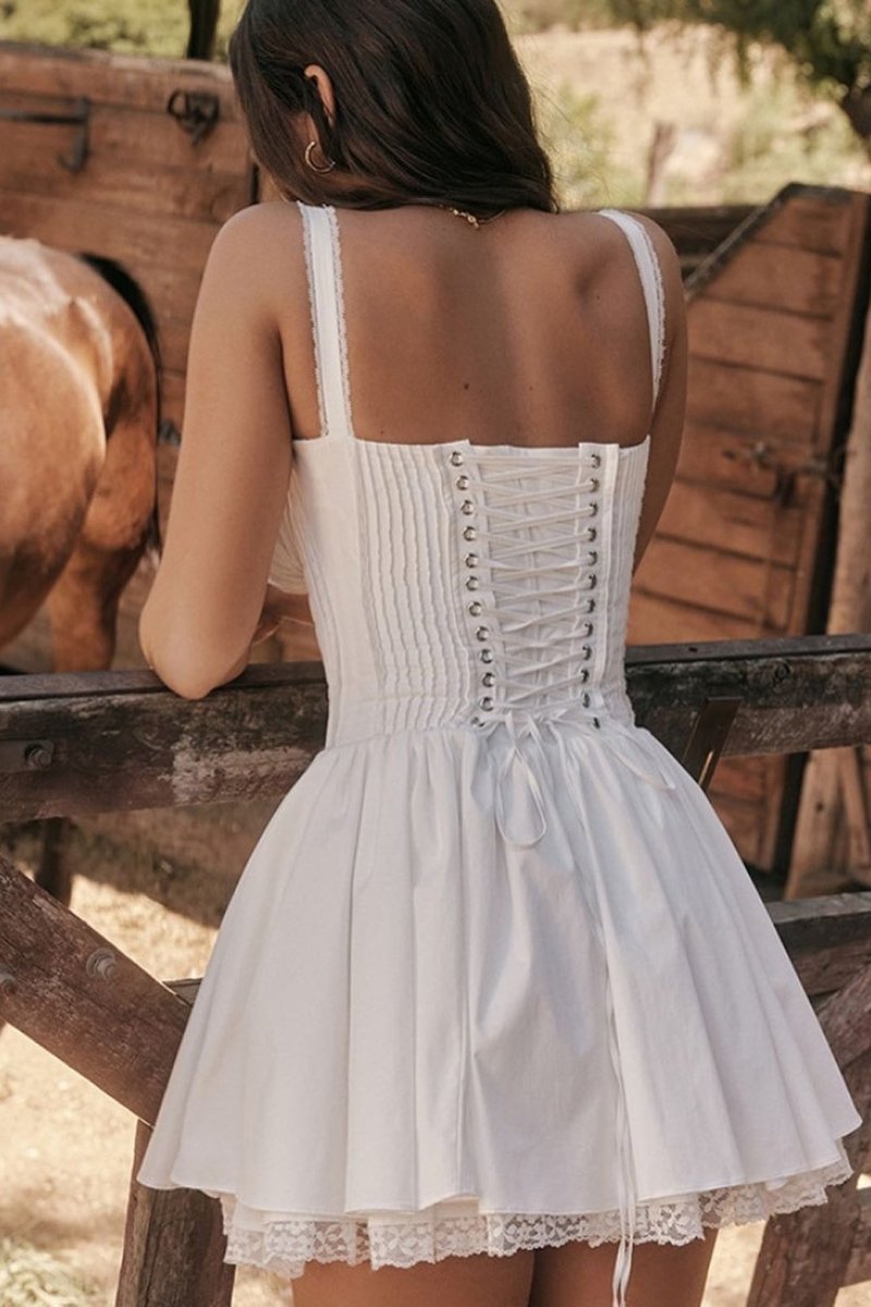 Lace Trim Sweetheart Ruched Bust Corset Bodice Pleated Fit and Flare Mini Dress 5