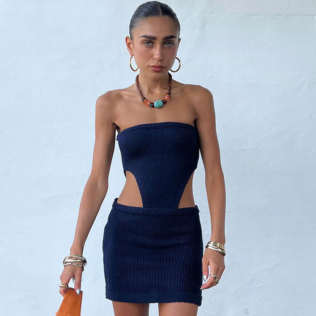 Rib Knit Strapless Waist Cutout Bodycon Mini Dress