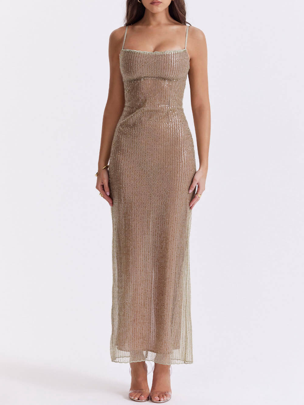 Beaded Spaghetti Strap Sheer Mesh Column Maxi Dress 3
