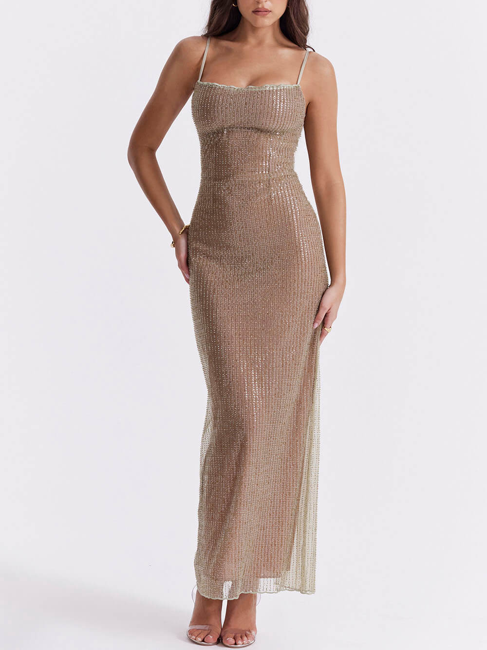 Beaded Spaghetti Strap Sheer Mesh Column Maxi Dress 7