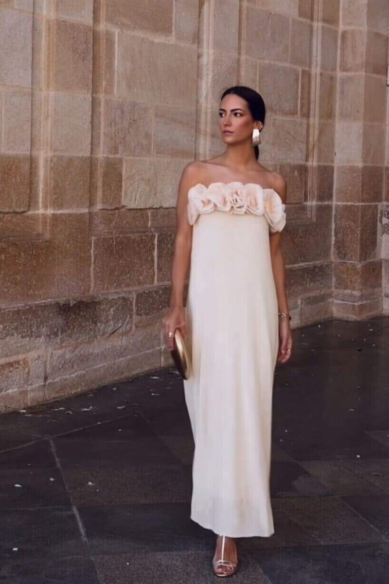 Strapless Bandeau 3D Floral Rosette Column Floor-Length Gown
