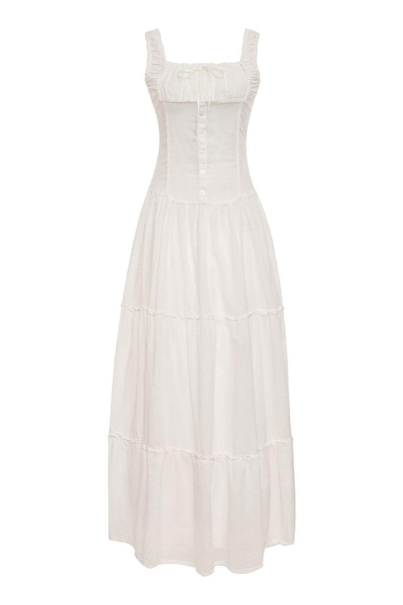 Square Neck Ruffle Strap Tiered Button Placket Maxi Dress 8