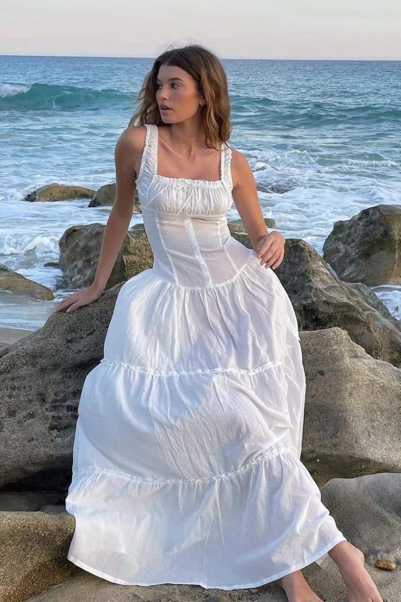 Square Neck Ruffle Strap Tiered Button Placket Maxi Dress 9