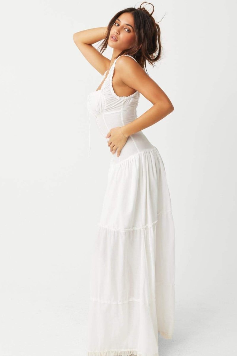 Square Neck Ruffle Strap Tiered Button Placket Maxi Dress 5