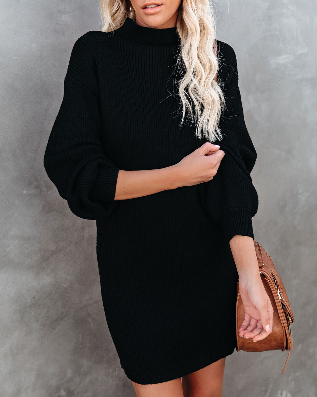 Mock Neck Balloon Sleeve Rib Knit Mini Sweater Dress 3