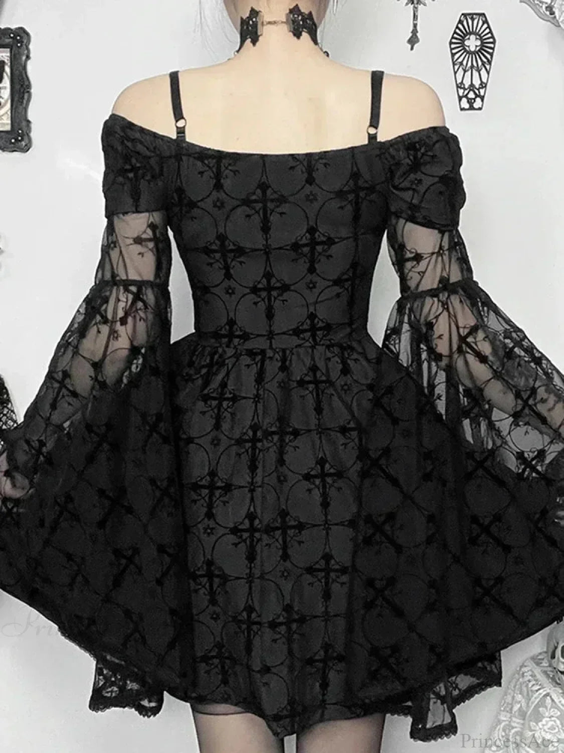 Gothic Cross Print Off-Shoulder Lace-Up Corset Bell Sleeve A-Line Mini Dress 4