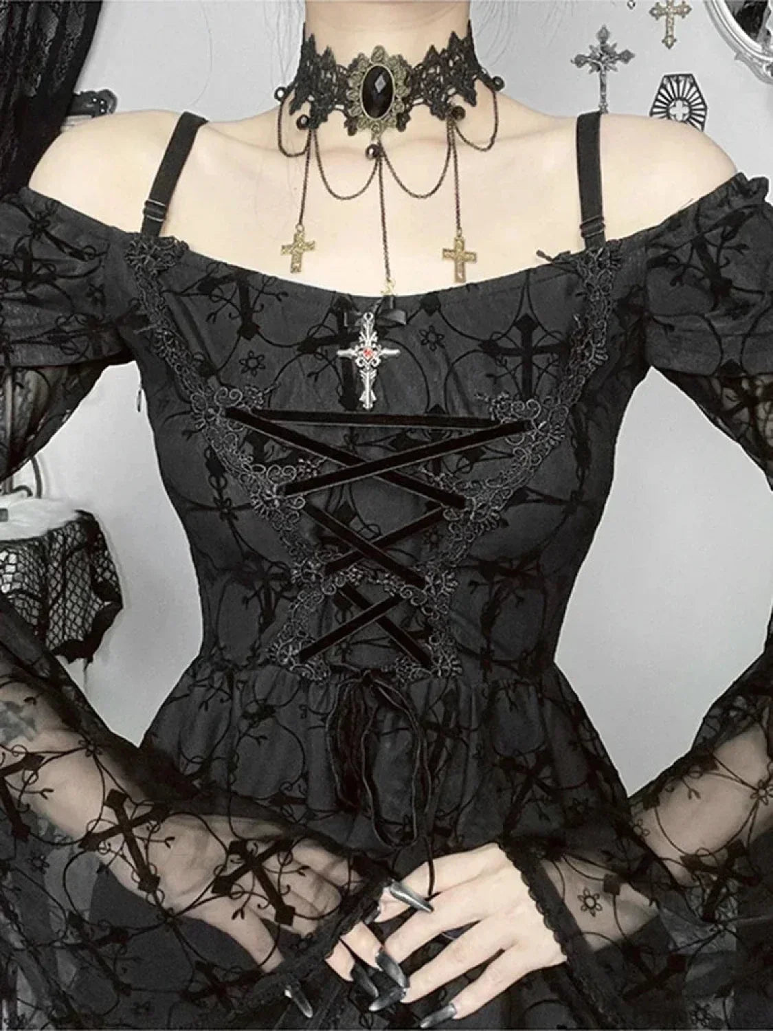 Gothic Cross Print Off-Shoulder Lace-Up Corset Bell Sleeve A-Line Mini Dress 3