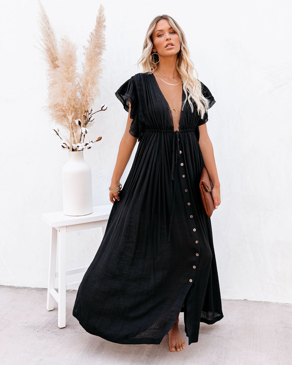 Collared Button Down Long Sleeve Pocketed Tiered Ruffle Maxi Shirt Dress 8