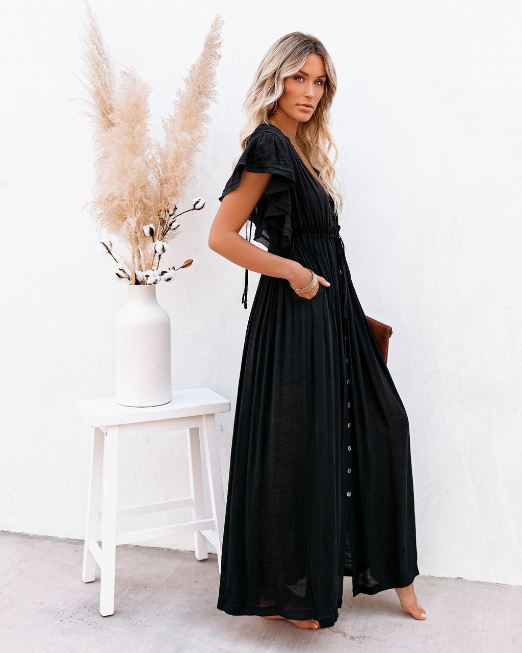 Collared Button Down Long Sleeve Pocketed Tiered Ruffle Maxi Shirt Dress 5