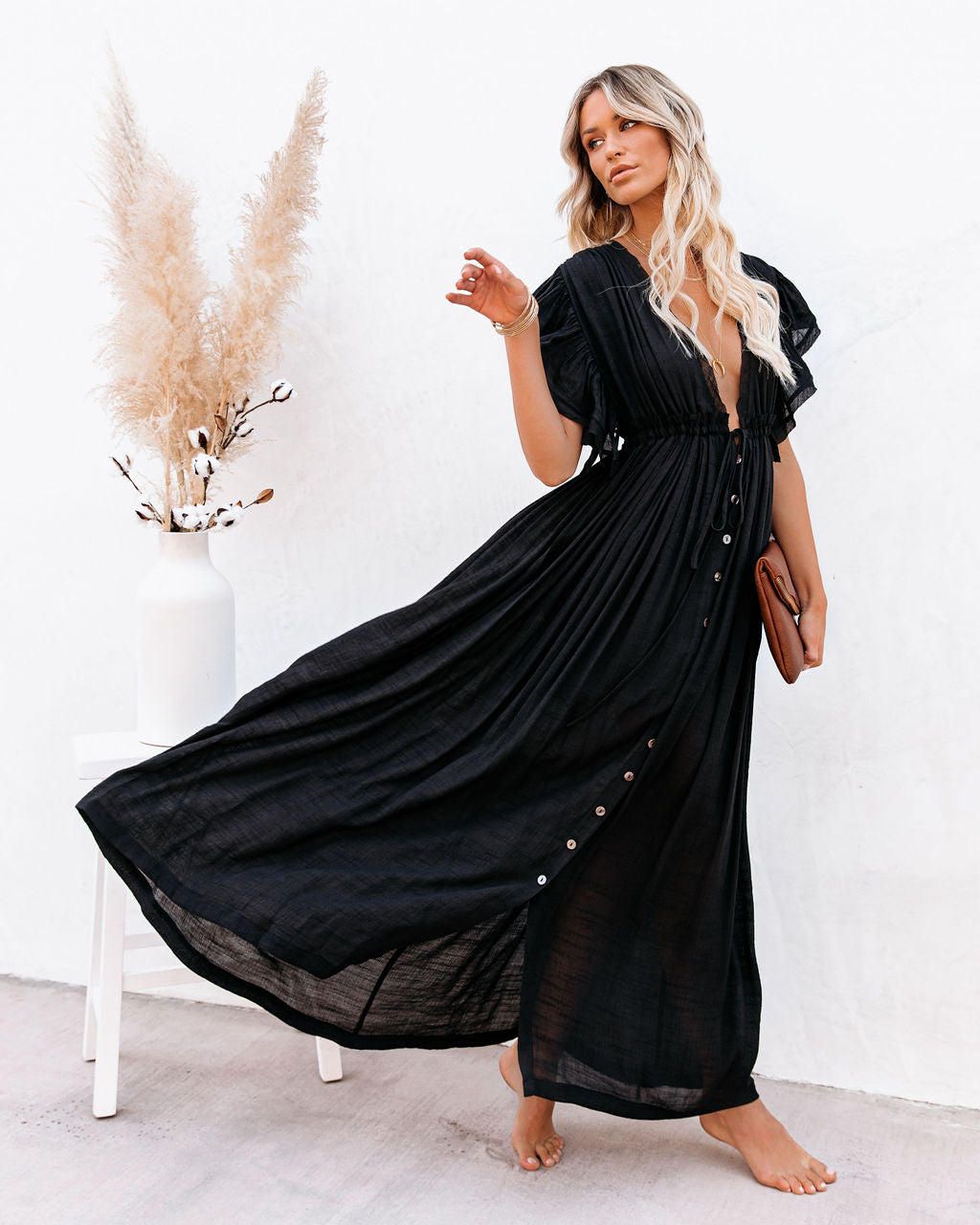 Collared Button Down Long Sleeve Pocketed Tiered Ruffle Maxi Shirt Dress 4