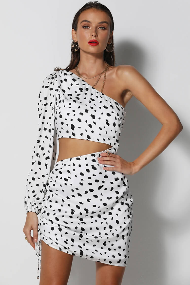 One Shoulder Cutout Dalmatian Spot Print Long Sleeve Mini Dress