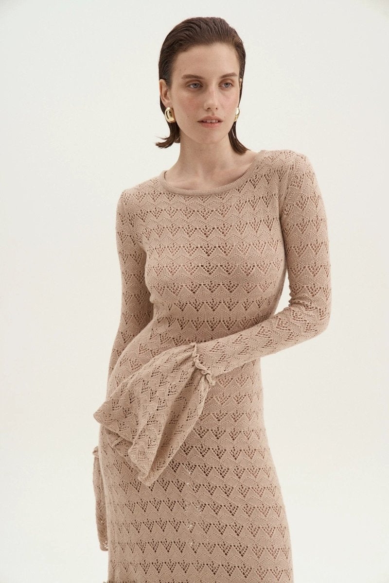 Boat Neck Long Sleeve Pointelle Bell Cuff Mermaid Knit Maxi Dress 7