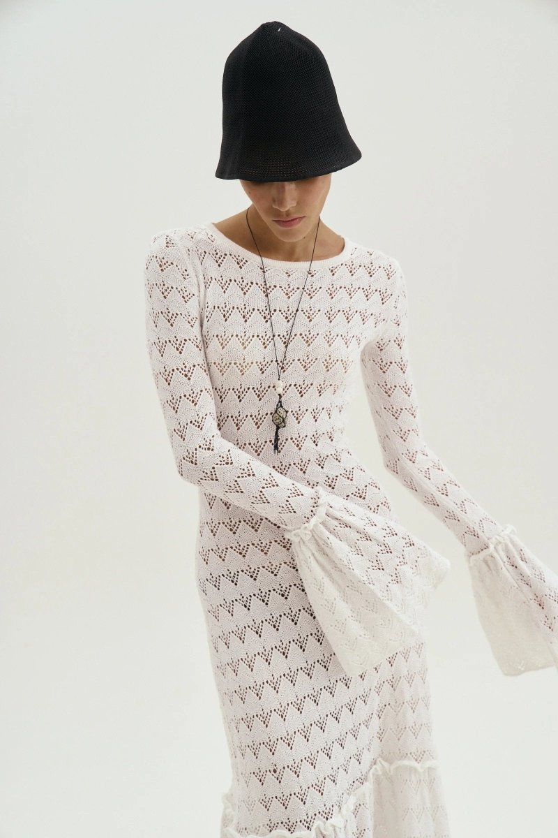 Boat Neck Long Sleeve Pointelle Bell Cuff Mermaid Knit Maxi Dress 4