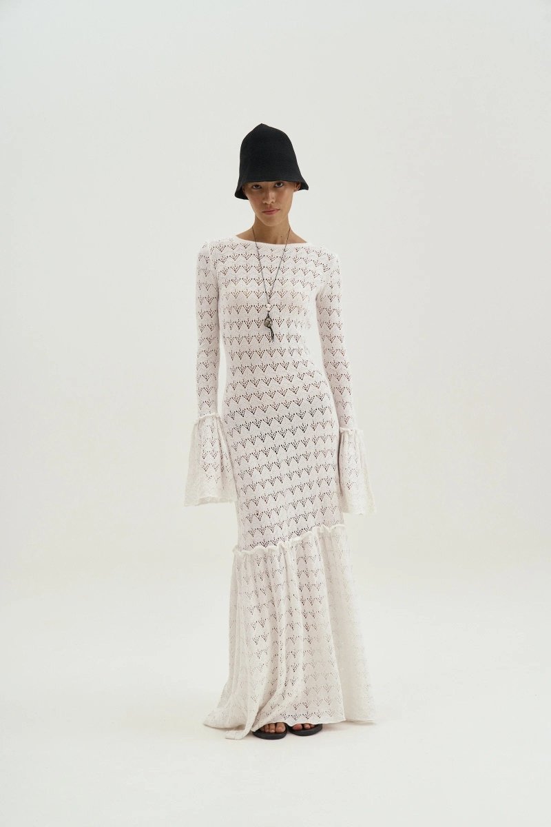 Boat Neck Long Sleeve Pointelle Bell Cuff Mermaid Knit Maxi Dress 2