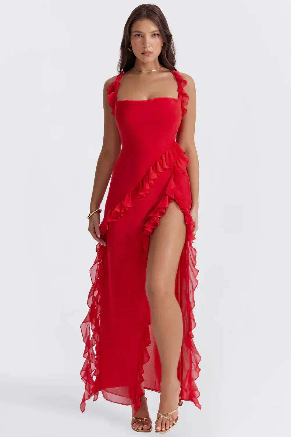 Ruffle Strap Square Neck Wrap Slit Chiffon Maxi Dress 9