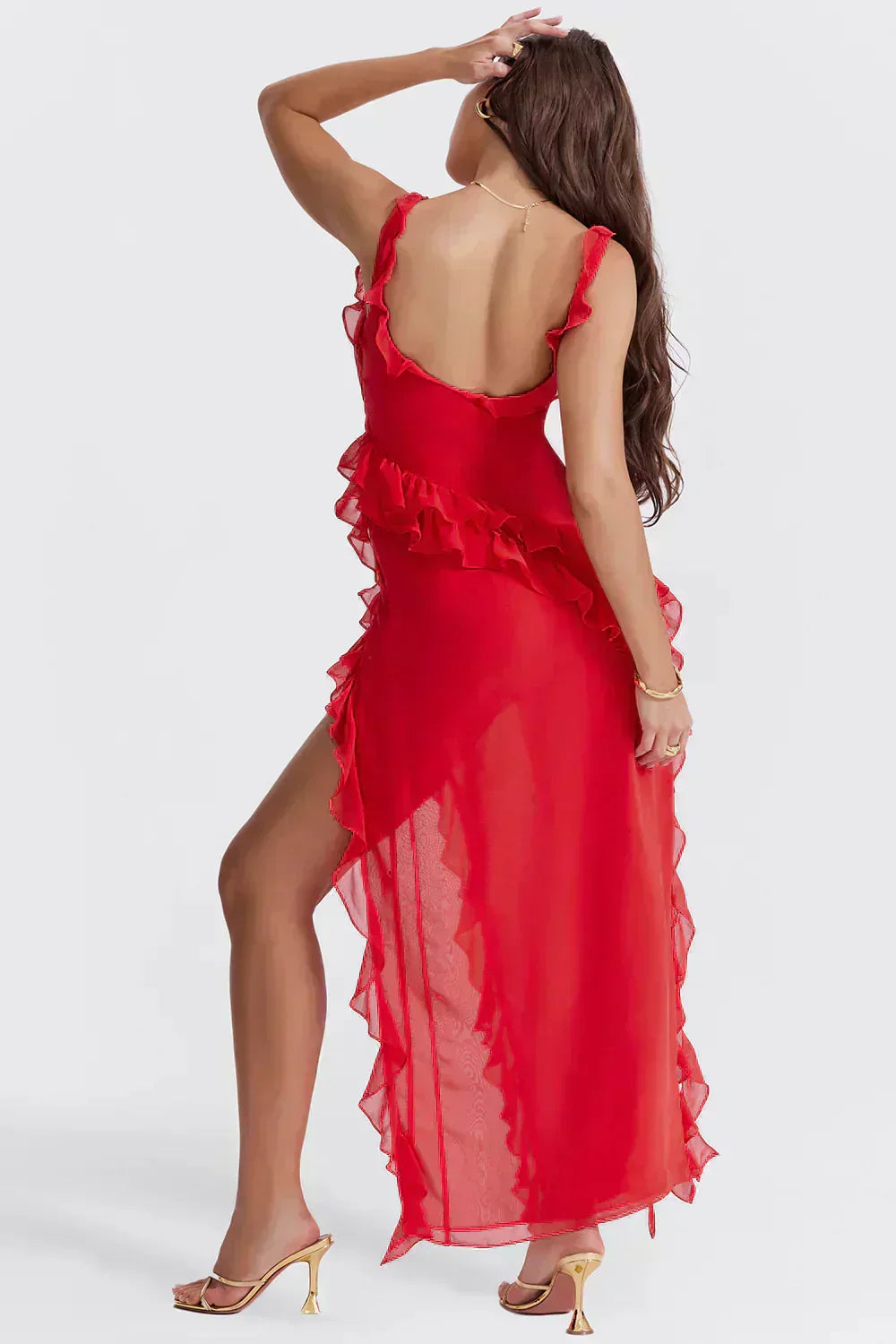 Ruffle Strap Square Neck Wrap Slit Chiffon Maxi Dress 11