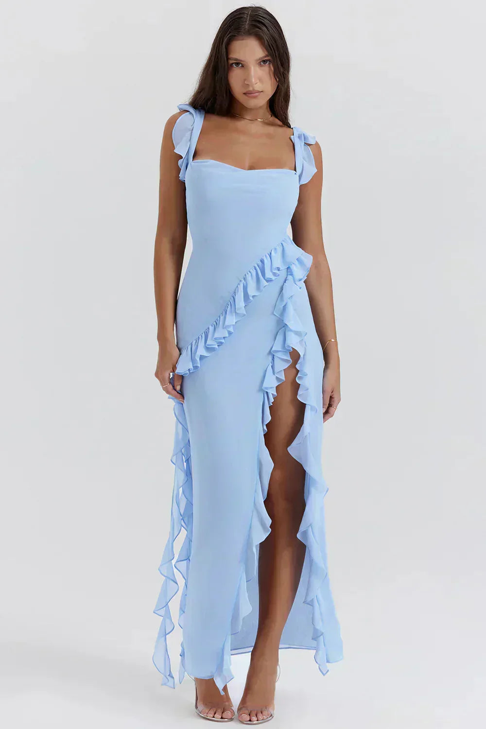 Ruffle Strap Square Neck Wrap Slit Chiffon Maxi Dress 6